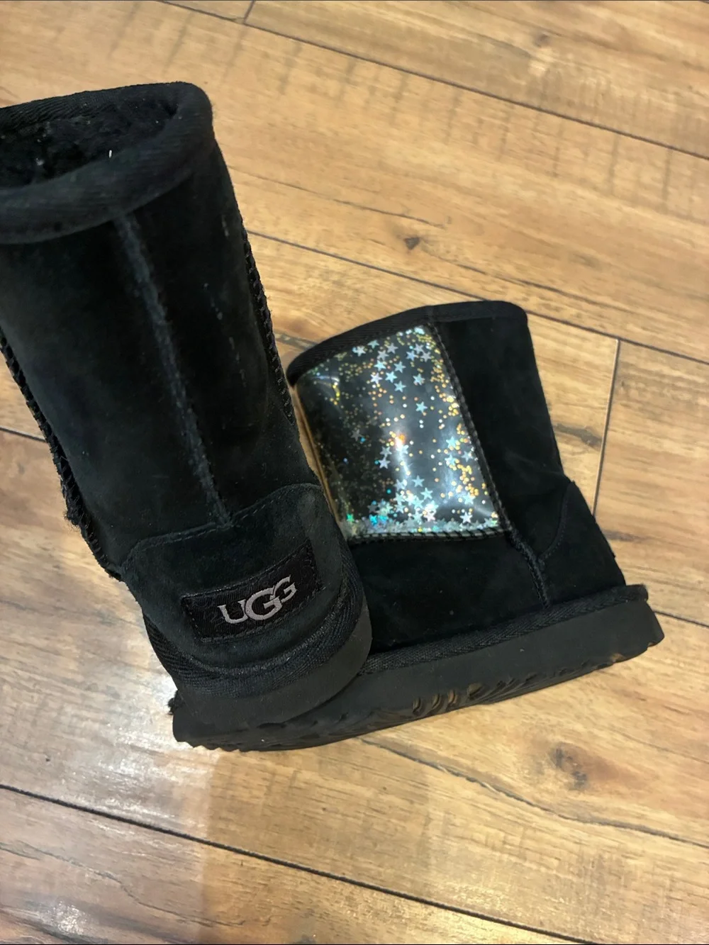 UGG Black Glitter Stars Suede Short Boots with Star-Print Panel